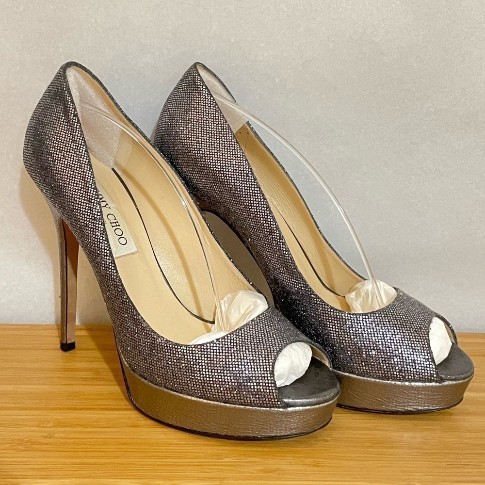 Jimmy Choo Dhalia stilleto pumps 120mm 3/4” platform Silver grey glitter EU38.5